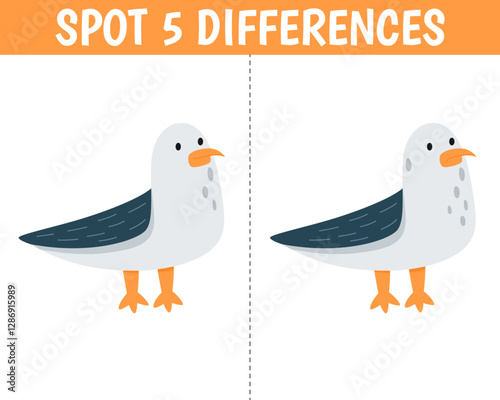 Cute seagull in cartoon style. Find 5 differences. Educational matching animal game for children. Printable worksheet with solution for school and preschool.