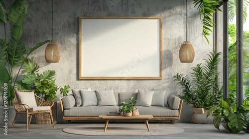 Living room with a white framed picture on the wall, a couch. , Copy Space and Blank Frame