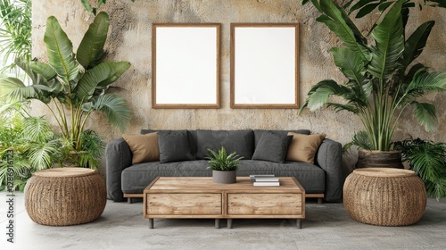 Living room with a couch, coffee table, and two potted plants. , Copy Space and Blank Frame