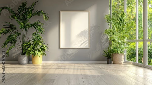 Large white frame with a picture of a tree sits in a room with a lot of greene. , Copy Space and Blank Frame