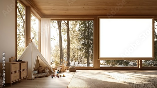 Room with a white tent and a white rug. , Copy Space and Blank Frame