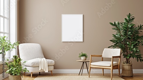 Living room with a white wall and two white chairs. , Copy Space and Blank Frame