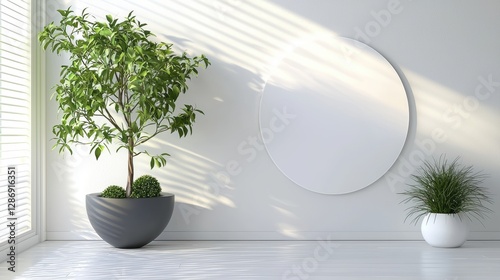 White room with a large white circle on the wall. , Copy Space and Blank Frame