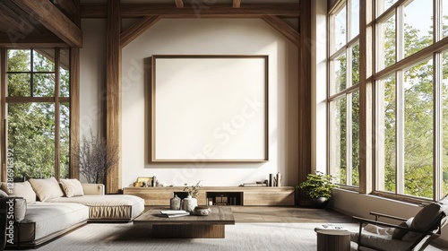 Large white framed picture hangs on the wall of a living room. , Copy Space and Blank Frame