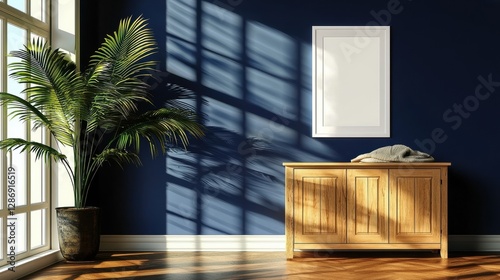 Room with a blue wall and a wooden cabinet. , Copy Space and Blank Frame