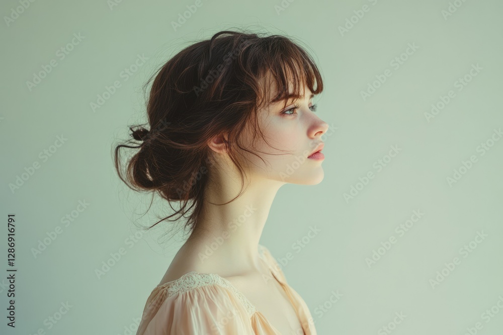 Naklejka premium A young woman with brown hair in a messy bun, looking to the side against a muted green background.