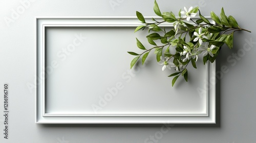 White frame with a green leafy branch on top of it. , Copy Space and Blank Frame