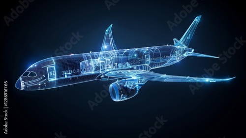 Futuristic airplane design  transparent x ray view revealing complex interior and structural details