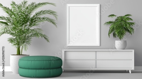 White room with a green couch and a white dresser. , Copy Space and Blank Frame