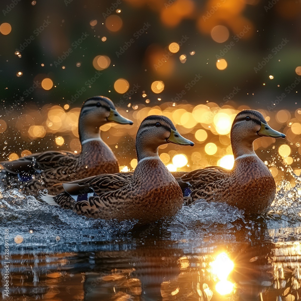 Three Ducks Swimming in Water with Splashes Against a Background of Illuminated Bokeh Lights (Spring, Bird Migration, Nature) Three Ducks Swimming in Water with Splashes Against a Background of Illuminated Bokeh Lights (Spring, Bird Migration, Nature)