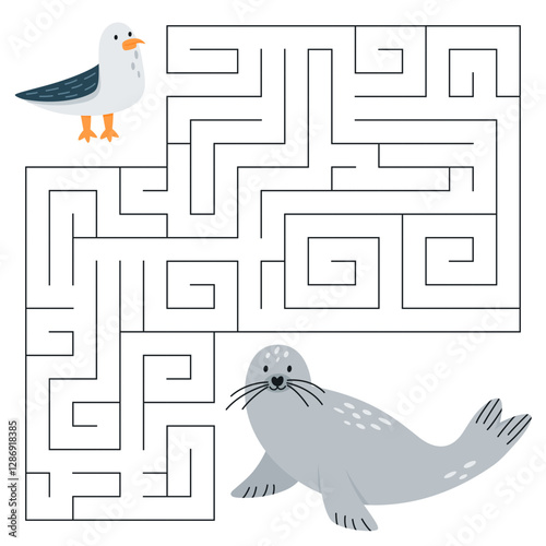 Animal maze game for kids. Cute seagull looking for a way to the seal. Printable worksheet with solution for school and preschool. 