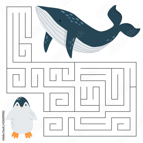 Animal maze game for kids. Cute whale looking for a way to the penguin. Printable worksheet with solution for school and preschool. 