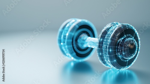A futuristic, holographic dumbbell with intricate digital designs and glowing blue light effects.