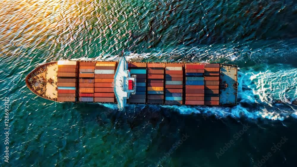 A large cargo vessel carries colorful shipping containers through blue waters while leaving a wake during sunset in a busy maritime route