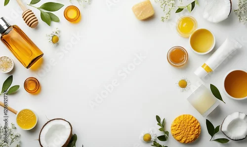 Obraz Natural Ingredients and Essential Oils for Skincare and Wellness with Herbal Elements on White Background