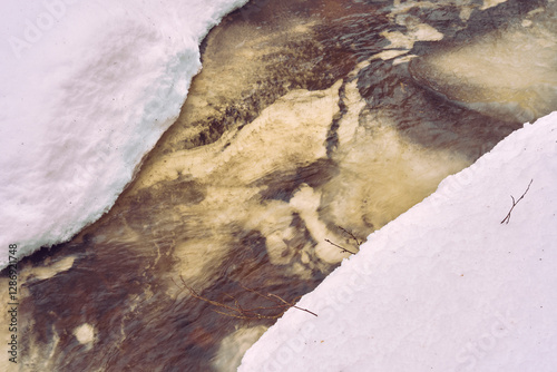 Melting water in the Olterudelva River, Toten, Norway, a day of February 2025.