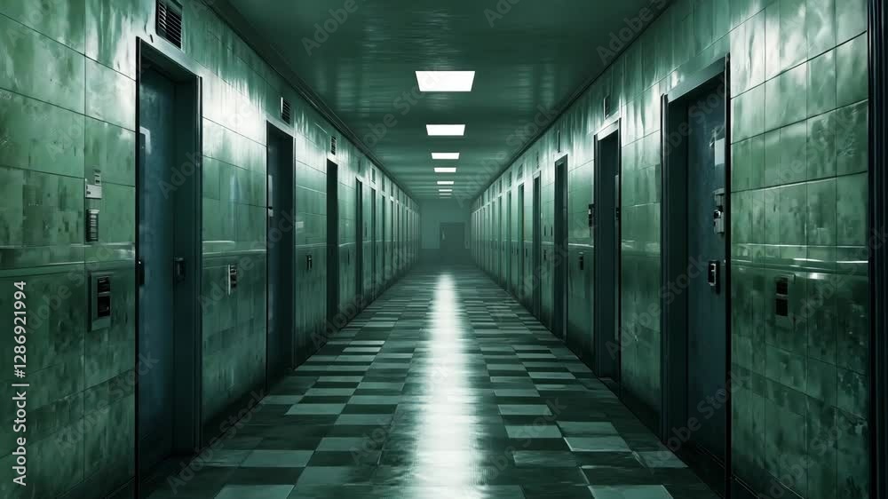 A long, narrow corridor with green walls features closed doors on either side and reflective flooring in low light, creating a haunting atmosphere