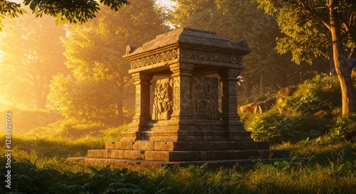 Ancient Stone Sanctuary, Carvings Radiate in Golden Hour's Embrace