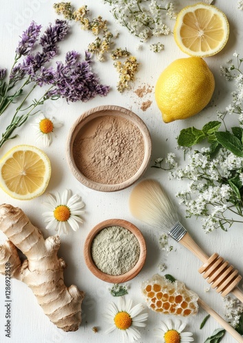 Wallpaper Mural Natural Ingredients for Homemade Skincare with Herbs, Flowers, Honey, and Fresh Lemons on a White Background Torontodigital.ca