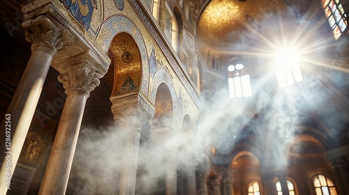 Sunbeams in church, incense smoke, mosaic art