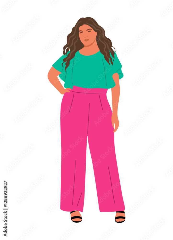 Fototapeta premium Modern curvy business woman. Vector realistic illustration of attractive plus size girl in colorful smart casual summer office outfit and high heels. Isolated