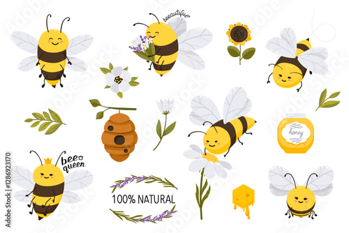 Cute honey bee character illustration set with flowers and lettering quote. Vector funny illustration collection for stickers, print, cards, posters, web site, banner, landing page.