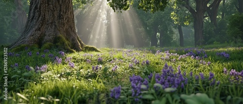 Sunbeams in forest, bluebells carpet, tranquil scene, nature wallpaper