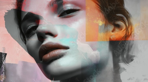 Elegant composition of beautiful woman's face with multiple abstract color blocks, mixed media collage style. Fragmented Identity concept.