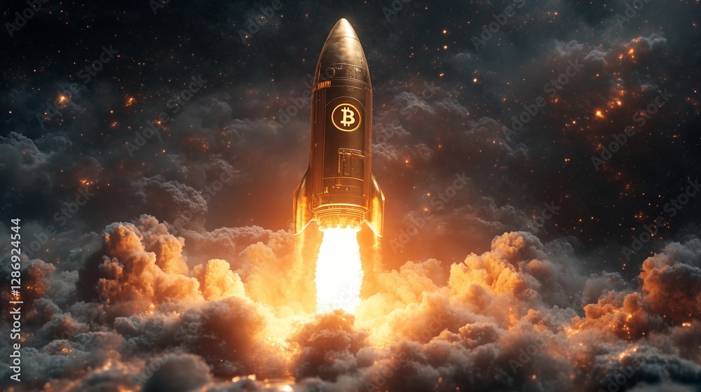 Fototapeta premium A golden rocket with the Bitcoin logo is taking off into space