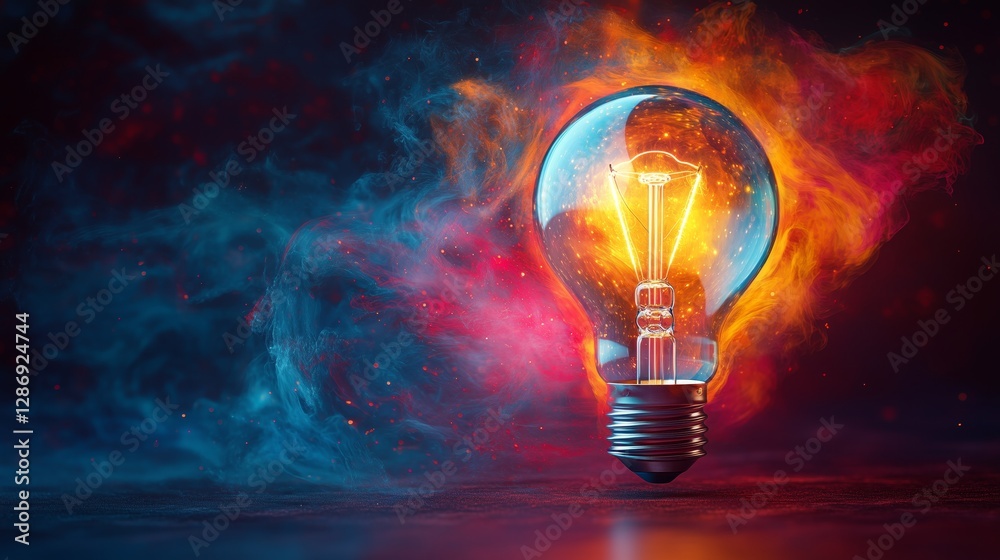 A vibrant lightbulb bursts with colorful energy A vibrant lightbulb bursts with colorful energy