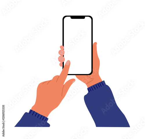 Female Hands holding mobile phone. Fingers touching, scrolling smartphone screen, using applications. Empty screen, phone mockup. Flat vector illustration isolated