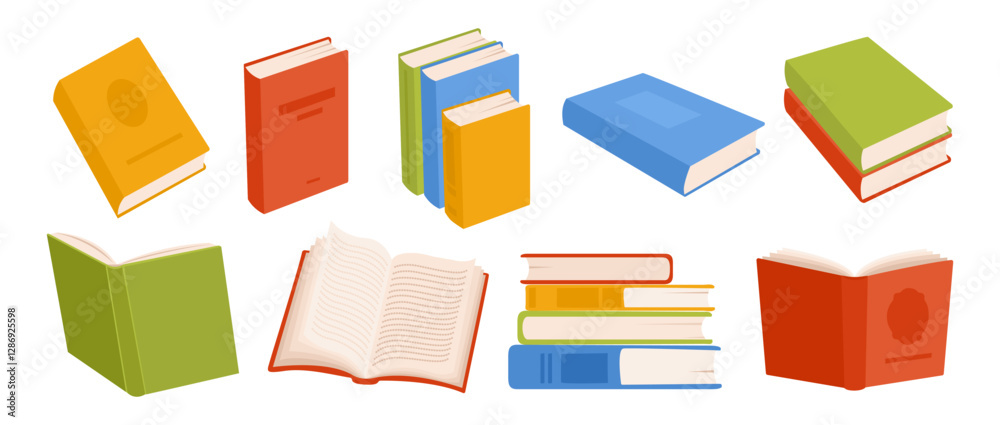 Books collection. Opened and closed books for reading. Stacks of books. Education, knowledge, study concept. Vector illustration isolated on white background Books collection. Opened and closed books for reading. Stacks of books. Education, knowledge, study concept. Vector illustration isolated on white background