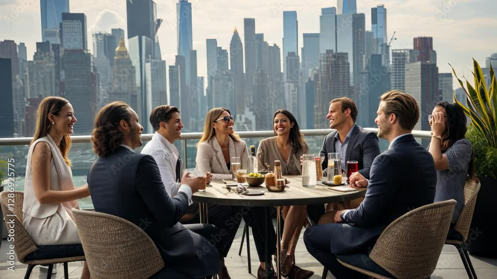 Corporate professionals engage in discussions during a rooftop meeting overlooking a stunning city skyline in the late afternoon