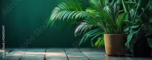 Potted palm plant on an old wooden floor against the backdrop of dark green wall with copy space, illuminated by soft light. 