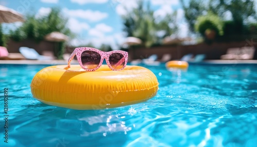 Sunglasses rest on a yellow inflatable ring in a pool