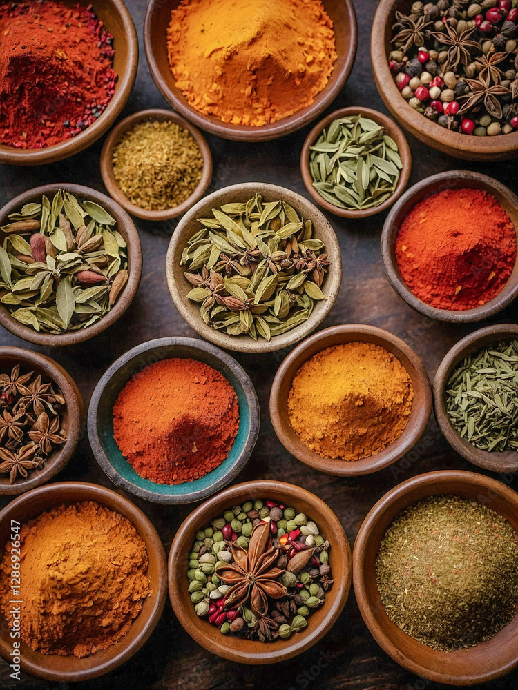 A vibrant collection of spices in bowls, showcasing an array of earthy tones and textures. A vibrant collection of spices in bowls, showcasing an array of earthy tones and textures.