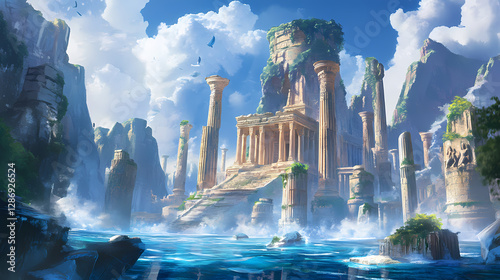 Mystic atlantis rediscovered: diving into the legendary sunken island civilization with impressive temples and classic columns. Ancient Ruins Underwater. Illustration