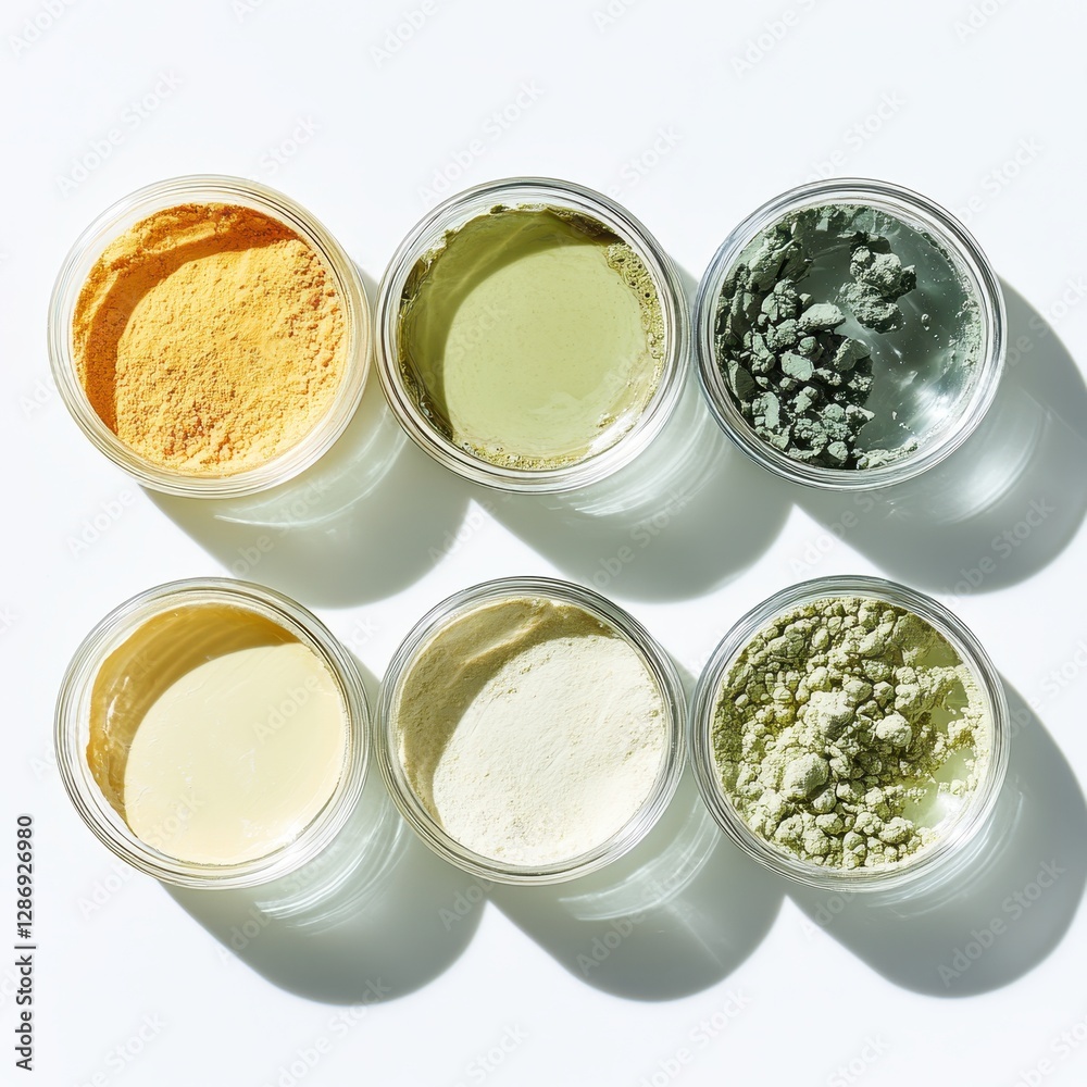 Various Natural Powders in Transparent Jars on a White Surface for Health, Nutrition, and Wellness Applications in Stock Photography Various Natural Powders in Transparent Jars on a White Surface for Health, Nutrition, and Wellness Applications in Stock Photography