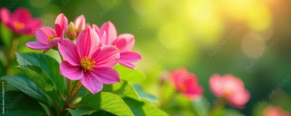 Obraz premium Vibrant blooming flowers, lush green leaves, soft sunlight , spring background, floral, vibrant