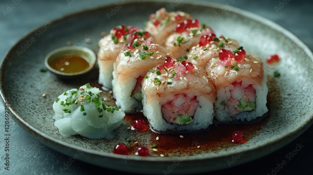 Gourmet shrimp sushi rolls on plate, with sauce and daikon, dark background Gourmet shrimp sushi rolls on plate, with sauce and daikon, dark background