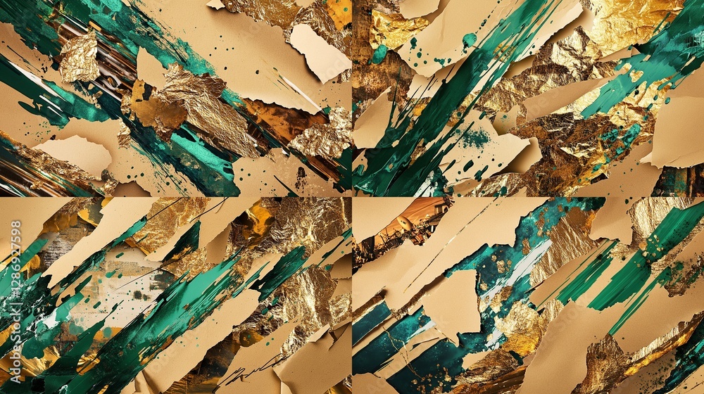 An inventive collage with unevenly torn kraft paper pieces An inventive collage with unevenly torn kraft paper pieces