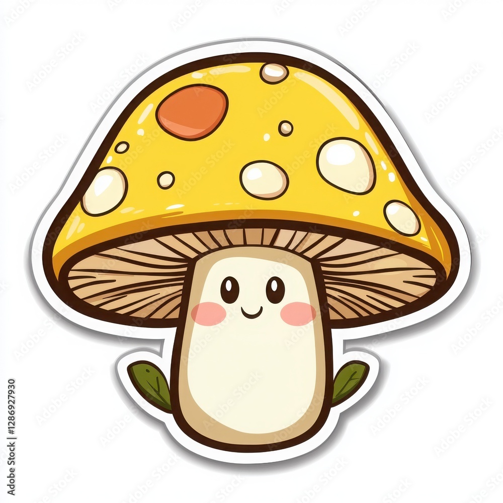Adorable cartoon mushroom with a cheerful expression. Its yellow cap is dotted with orange and white spots, set against a bright white background. Adorable cartoon mushroom with a cheerful expression. Its yellow cap is dotted with orange and white spots, set against a bright white background.