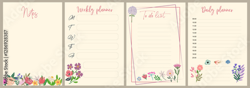 Set of weekly, daily planner pages, notes and to do list templates decorated by hand drawn colorful flowers. Modern scheduler or organizer. Vector cartoon illustrations.