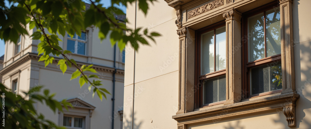 Fototapeta premium Neoclassical architecture featuring intricate window designs and ornate details creating a sense of elegance and refinement surrounded by lush greenery and bright sunlight