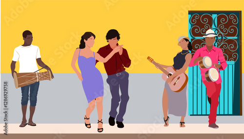 Latin musicians and Cuban Dancers in salsa, bachata or tango poses on the old street of Habana. Hispanic Dancing couple in casual outfits. Flat vector realistic illustration.