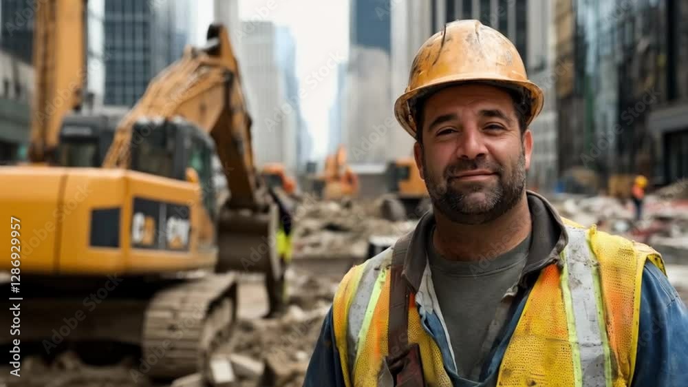 Scene of a construction worker with heavy equipment in the background, smooth repetitive motion for background video animation Scene of a construction worker with heavy equipment in the background, smooth repetitive motion for background video animation