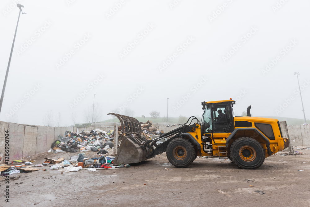 Yellow wheel loader, with lifted scrap grapple, moving along the recycling center area in process handling dumped waste Yellow wheel loader, with lifted scrap grapple, moving along the recycling center area in process handling dumped waste