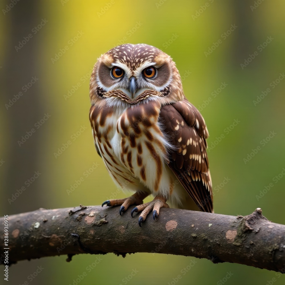 Naklejka premium Eurasian pygmy owl resting on a weathered branch, alert , branch, cute
