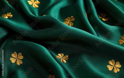 Deep emerald silk fabric with soft folds and golden clover embroidery for Saint Patricks Day