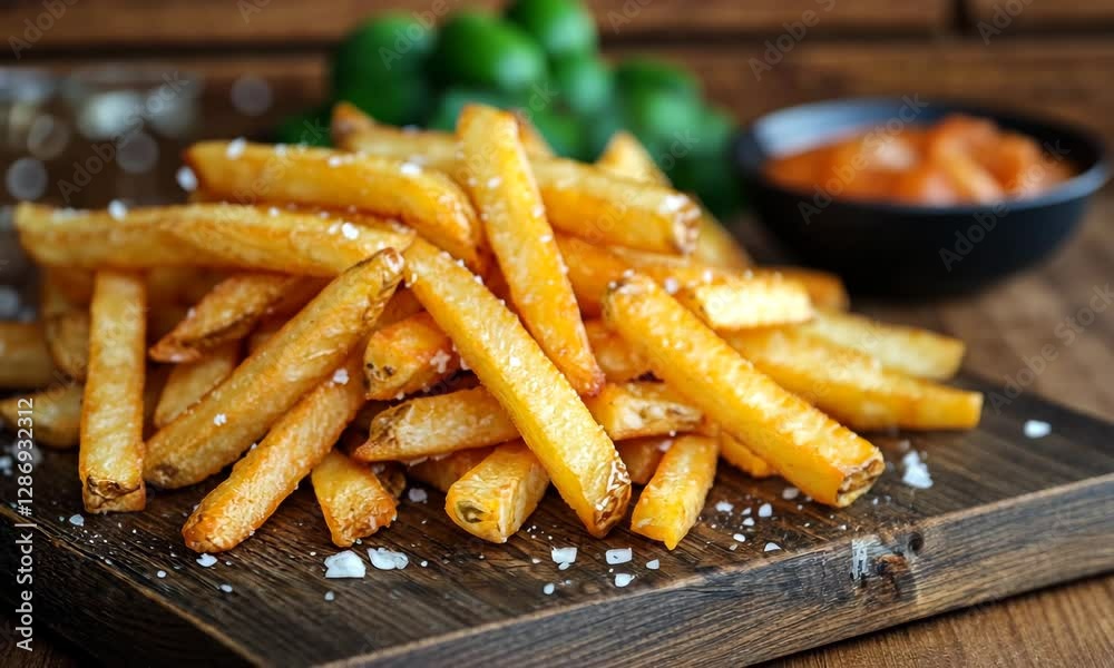 Delicious golden french fries served on a wooden board with dipping sauce Delicious golden french fries served on a wooden board with dipping sauce